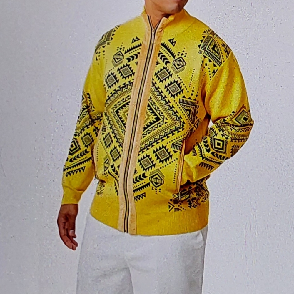 SILVER SILK MEN'S ZIPPER UP CARDIGAN GOLD & BLACK  ARZTEC DESIGN  SIZE XXL